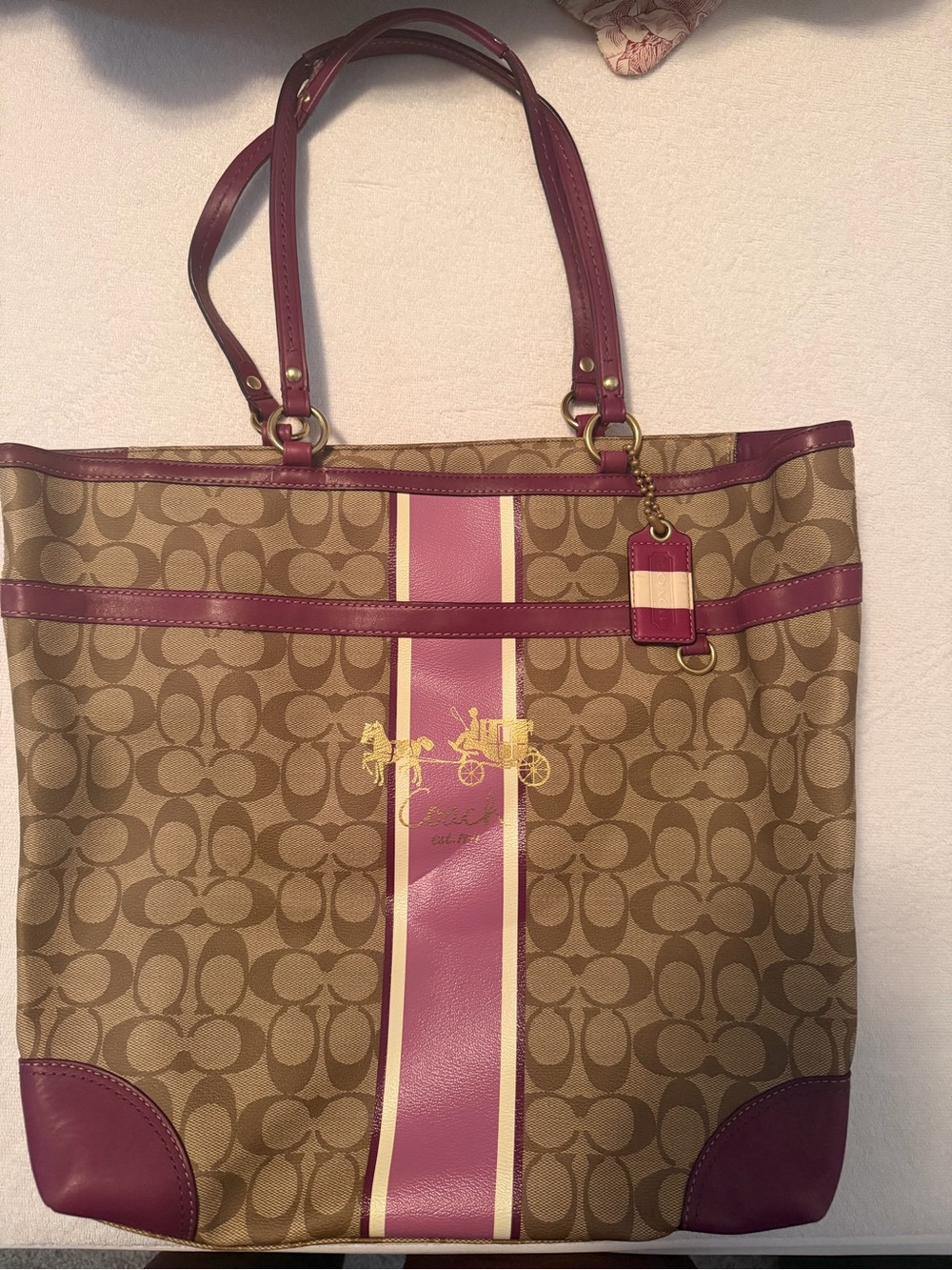 Coach Tan Signature Canvas Tote with Pink Stripe